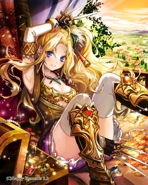 Anime-Bild 2000x2500 mit thousand emperors anatamouta single long hair tall image looking at viewer blush highres blue eyes light erotic blonde hair sitting absurdres sky cleavage cloud (clouds) ponytail armpit (armpits) side ponytail evening