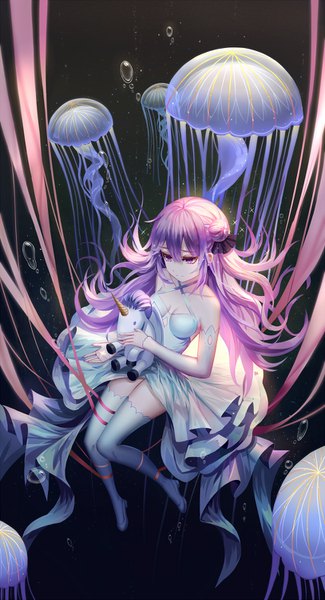 Anime picture 814x1500 with azur lane unicorn (azur lane) aaeru single long hair tall image fringe breasts light erotic simple background hair between eyes purple eyes bare shoulders holding payot looking away cleavage purple hair full body from above