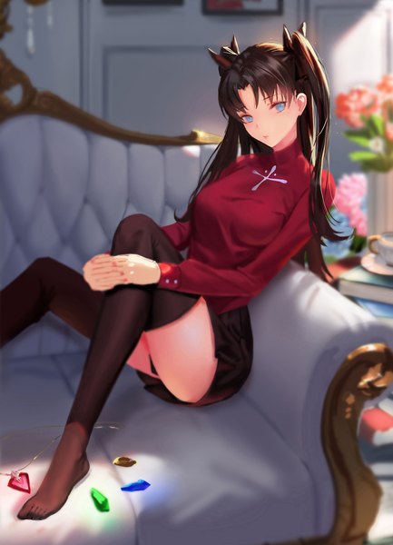 Anime picture 900x1246 with fate (series) fate/stay night toosaka rin dongfangzhong111 single long hair tall image looking at viewer fringe breasts blue eyes light erotic black hair sitting bent knee (knees) indoors long sleeves nail polish head tilt fingernails