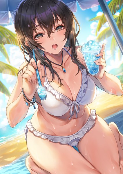 Anime picture 1013x1433 with original hagure keg single long hair tall image looking at viewer fringe breasts open mouth light erotic hair between eyes brown hair large breasts holding brown eyes sky cloud (clouds) outdoors barefoot teeth
