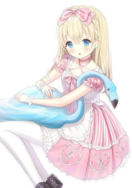 Anime picture 1000x1421 with original haruri single long hair tall image looking at viewer blush fringe open mouth blue eyes simple background blonde hair hair between eyes white background braid (braids) :o loli puffy sleeves girl dress