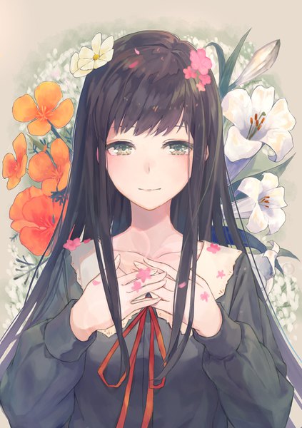 Anime picture 1214x1720 with flowers (innocent grey) innocent grey shirahane suou kobuta single long hair tall image looking at viewer fringe black hair green eyes upper body hair flower light smile floral background girl uniform flower (flowers) school uniform