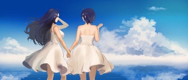 Anime picture 2000x858 with idolmaster miura azusa zzing long hair highres short hair wide image bare shoulders multiple girls brown eyes sky cloud (clouds) holding hands scenic dual persona girl dress 2 girls white dress sea
