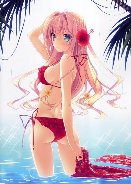 Anime picture 2140x3010 with tsuki ni yorisou otome no sahou est gealach arnotts suzuhira hiro single long hair tall image looking at viewer blush highres breasts blue eyes light erotic pink hair ass braid (braids) looking back hair flower from behind partially submerged side braid