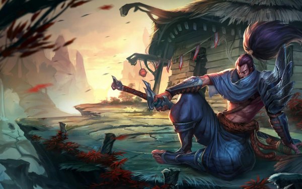 Anime picture 2560x1600 with league of legends yasuo (league of legends) single long hair highres black hair wide image sitting ponytail eyes closed wind official art scar boy weapon sword katana building (buildings)