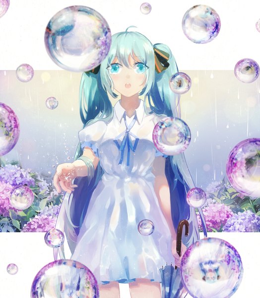 Anime picture 920x1053 with vocaloid hatsune miku domik single tall image fringe open mouth hair between eyes twintails very long hair aqua eyes aqua hair summer surprised closed umbrella girl dress flower (flowers) ribbon (ribbons) hair ribbon