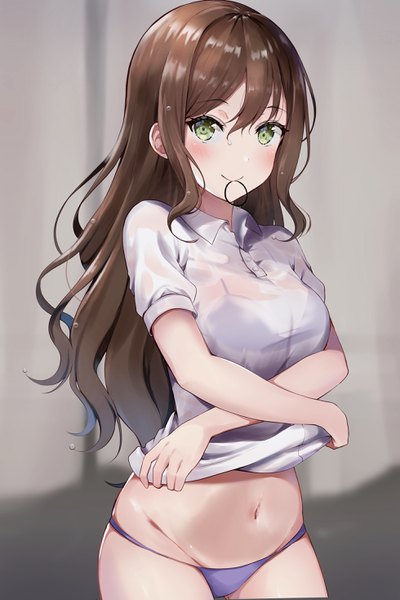 Anime picture 1959x2933 with bang dream! imai lisa mia (fai1510) single long hair tall image looking at viewer blush fringe highres breasts light erotic simple background smile hair between eyes brown hair large breasts standing holding green eyes