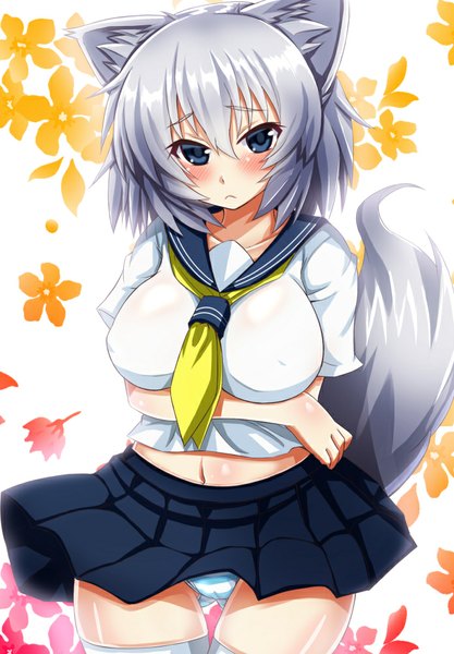 Anime picture 696x1000 with touhou inubashiri momiji ebi 193 single tall image looking at viewer blush fringe short hair breasts blue eyes light erotic large breasts animal ears silver hair tail animal tail girl thighhighs skirt