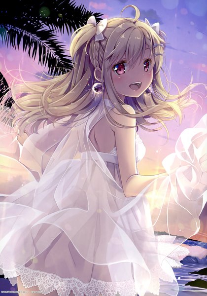 Anime picture 3008x4300 with original natsume eri single long hair tall image looking at viewer blush fringe highres open mouth blonde hair hair between eyes red eyes bare shoulders holding absurdres sky cloud (clouds) ahoge outdoors