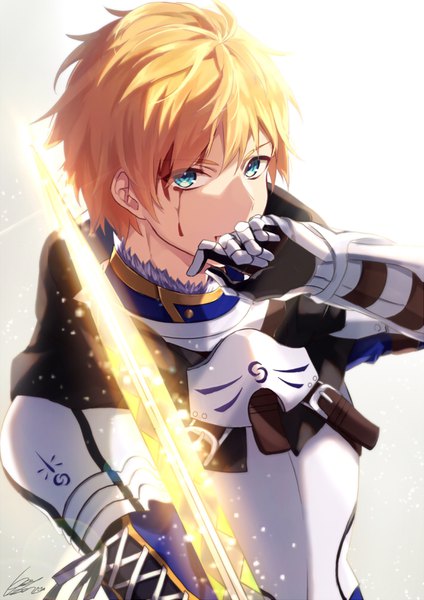 Anime picture 707x1000 with fate (series) fate/grand order fate/prototype arthur pendragon (fate) fujikiri yana single tall image looking at viewer fringe short hair blue eyes blonde hair simple background hair between eyes white background holding signed upper body covered mouth blood on face