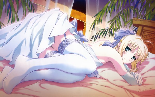 Anime picture 2560x1600 with fate (series) fate/stay night studio deen type-moon artoria pendragon (all) saber blush highres light erotic wide image garter straps