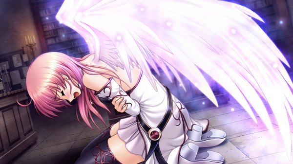Anime picture 1280x720 with aiyoku no eustia eustia astraea long hair open mouth wide image pink hair game cg eyes closed tears girl wings