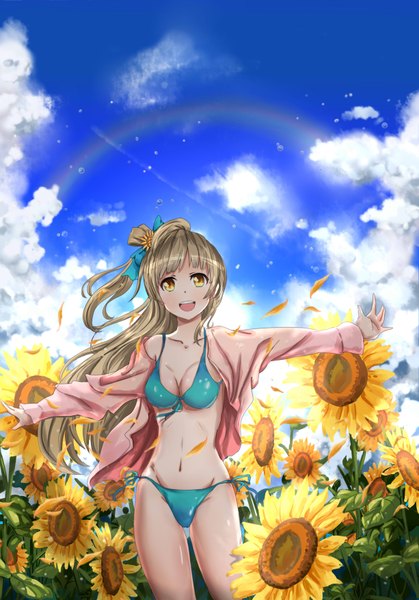 Anime picture 2450x3507 with love live! school idol project sunrise (studio) love live! minami kotori akatsukiame single long hair tall image fringe highres breasts open mouth light erotic smile large breasts standing yellow eyes sky silver hair cloud (clouds)