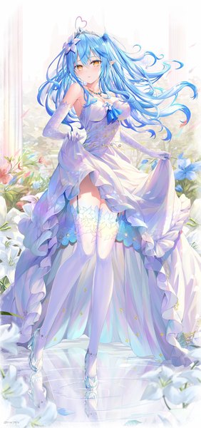 Anime picture 1316x2800 with virtual youtuber hololive yukihana lamy rin yuu single long hair tall image looking at viewer blush fringe open mouth hair between eyes standing bare shoulders signed yellow eyes blue hair cleavage ahoge indoors