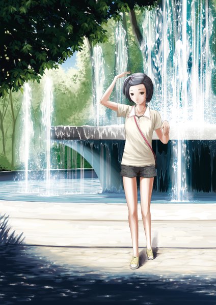 Anime picture 1753x2480 with original yamadata single tall image highres short hair black hair black eyes girl plant (plants) tree (trees) water shorts fountain