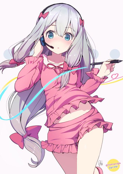 Anime picture 774x1095 with eromanga sensei a-1 pictures izumi sagiri azumi akitake single long hair tall image looking at viewer blush fringe blue eyes simple background hair between eyes white background holding signed silver hair parted lips copyright name walking