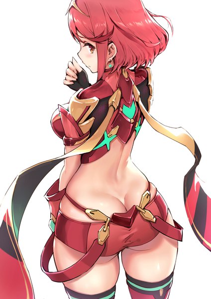 Anime picture 778x1100 with xenoblade xenoblade 2 pyra (xenoblade) haoni single tall image looking at viewer blush short hair breasts light erotic simple background red eyes standing white background ass red hair profile looking back from behind
