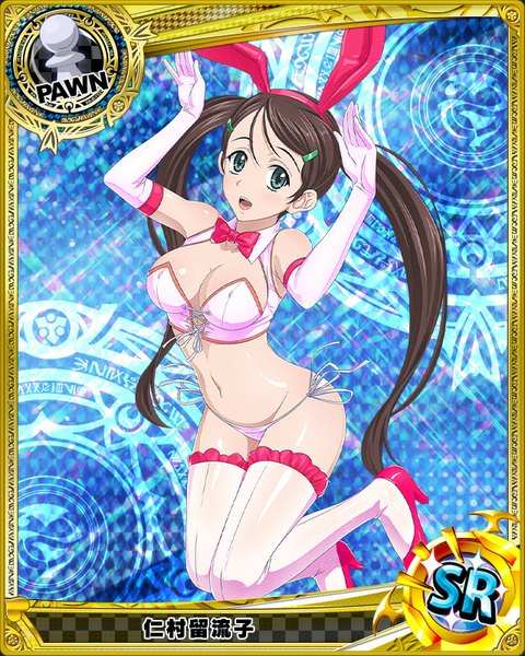 Anime picture 640x800 with highschool dxd nimura ruruko single long hair tall image looking at viewer breasts open mouth blue eyes light erotic black hair twintails animal ears cleavage bunny ears bunny girl card (medium) bunny pose girl thighhighs