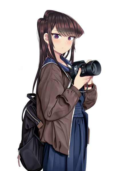 Anime picture 971x1418 with komi-san wa komyushou desu komi shouko r3d single long hair tall image looking at viewer blush fringe simple background brown hair standing white background purple eyes holding upper body long sleeves open clothes open jacket no pupils