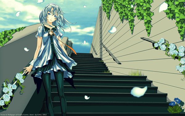 Anime picture 2560x1600 with beatless leicia redjuice cilou (artist) single long hair highres open mouth blue eyes wide image blue hair vector third-party edit girl dress flower (flowers) plant (plants) petals stairs