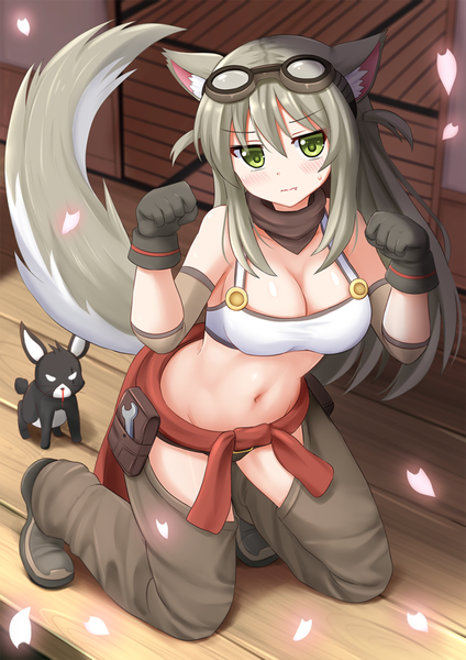 Anime picture 945x1337 with lost pause lily the mechanic kazenokaze single long hair tall image looking at viewer blush fringe breasts light erotic hair between eyes brown hair large breasts bare shoulders green eyes animal ears payot cleavage full body