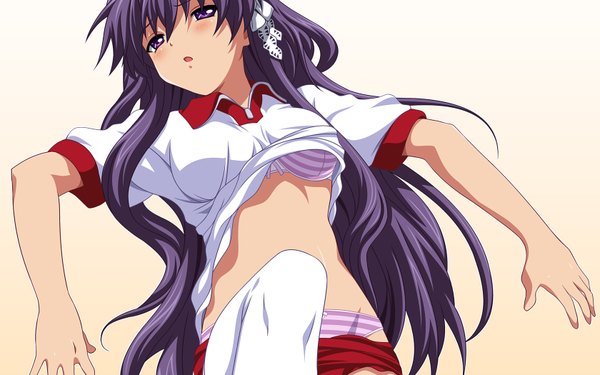Anime picture 1680x1050 with clannad key (studio) fujibayashi kyou kaede (pixiv418056) single long hair breasts open mouth light erotic simple background wide image purple eyes purple hair lying bare belly on back striped shirt lift hair over shoulder cropped
