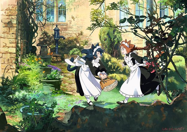 Anime picture 1378x973 with original kaisen long hair open mouth black hair smile brown hair multiple girls holding signed animal ears full body outdoors tail eyes closed :d animal tail profile cat ears maid