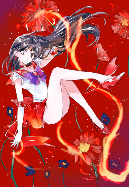 Anime picture 900x1300 with bishoujo senshi sailor moon toei animation hino rei sailor mars ahma single long hair tall image light erotic black hair looking away full body bent knee (knees) black eyes floating hair arm behind head red background sailor collar girl gloves