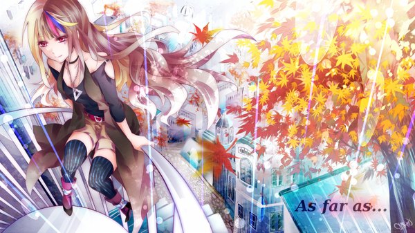 Anime-Bild 1500x843 mit vocaloid galaco tyouya single long hair blonde hair red eyes wide image signed multicolored hair inscription city girl thighhighs plant (plants) tree (trees) shorts pendant leaf (leaves)