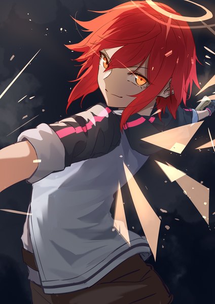 Anime-Bild 744x1052 mit arknights exusiai (arknights) leris muma single tall image looking at viewer fringe short hair simple background smile payot red hair light smile sparkle orange eyes turning head dark background spread arms arched back smirk