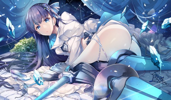 Anime picture 1200x700 with fate (series) fate/extra fate/extra ccc meltryllis (fate) hirai yuzuki single looking at viewer fringe open mouth blue eyes light erotic wide image purple hair ass lying very long hair hair flower sparkle high heels puffy sleeves