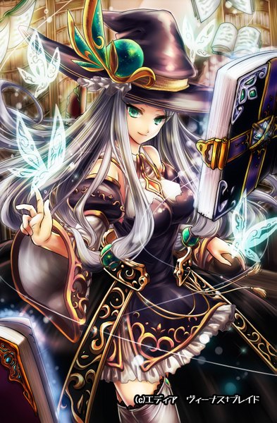 Anime picture 1047x1600 with original fuepo single long hair tall image breasts green eyes grey hair inscription magic girl thighhighs dress hat detached sleeves book (books) insect butterfly witch hat shelf