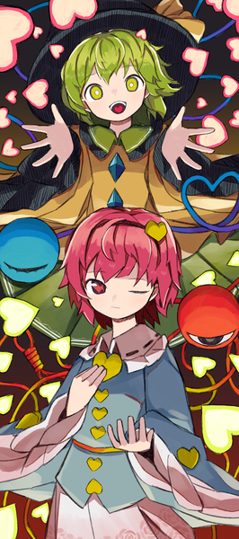 Anime picture 1401x3163 with touhou komeiji koishi komeiji satori neruzou tall image looking at viewer short hair multiple girls green eyes pink hair one eye closed pink eyes green hair siblings outstretched hand sisters heart of string girl hair ornament 2 girls