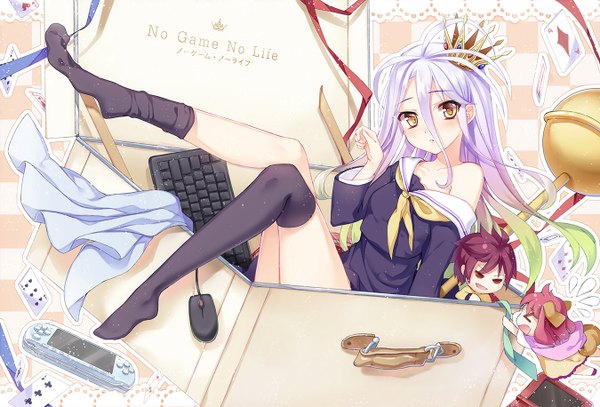 Anime picture 1350x916 with no game no life madhouse shiro (no game no life) philomelalilium long hair looking at viewer hair between eyes bare shoulders yellow eyes white hair legs girl thighhighs uniform black thighhighs school uniform crown card (cards) doll (dolls) character doll