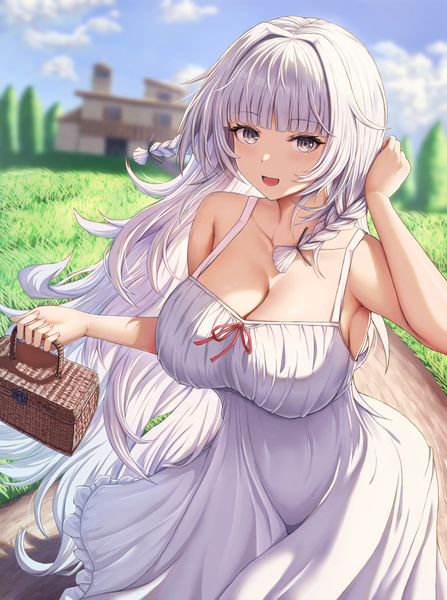 Anime-Bild 1204x1616 mit azur lane vittorio veneto (azur lane) buran (22x) single tall image looking at viewer fringe breasts open mouth light erotic smile large breasts standing holding sky cleavage cloud (clouds) outdoors white hair blunt bangs