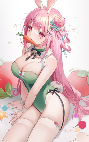 Anime picture 1400x2217 with original naru single long hair tall image looking at viewer blush fringe breasts light erotic simple background large breasts white background sitting holding animal ears pink hair cleavage tail blunt bangs