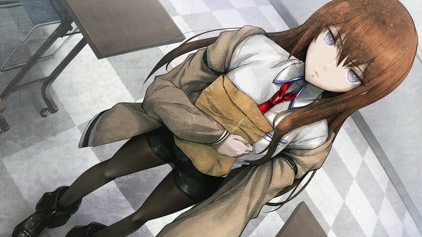 Anime picture 1920x1080 with steins;gate white fox makise kurisu huke single long hair looking at viewer fringe highres blue eyes hair between eyes brown hair wide image standing holding indoors long sleeves off shoulder checkered floor floor