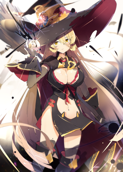 Anime picture 725x1015 with virtual youtuber nijisanji nui sociere nekopote single tall image looking at viewer fringe breasts light erotic blonde hair hair between eyes large breasts standing yellow eyes very long hair bare belly side slit girl hat