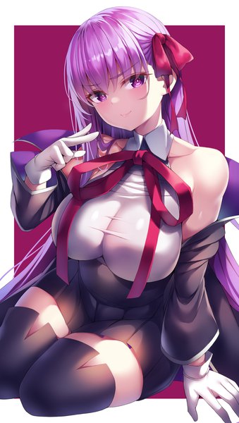 Anime picture 1611x2854 with fate (series) fate/grand order fate/extra fate/extra ccc bb (fate) (all) bb (fate/extra) syow (syoutamho) single tall image looking at viewer blush fringe breasts light erotic simple background smile hair between eyes large breasts sitting purple eyes