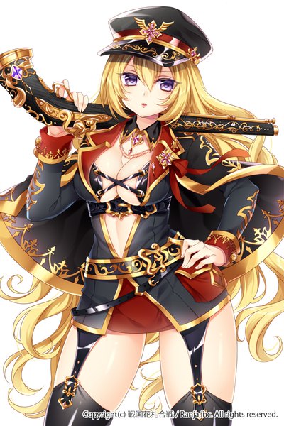 Anime picture 700x1050 with sengoku hanafuda kassen mitsuba choco single long hair tall image fringe breasts light erotic simple background blonde hair hair between eyes large breasts white background purple eyes official art hand on hip expressionless weapon over shoulder girl thighhighs