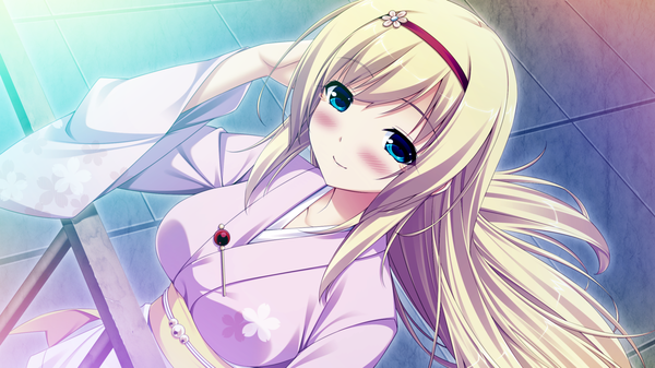 Anime picture 1280x720 with natsu koi high pressure hoshina maria sayori single long hair looking at viewer blush breasts blue eyes blonde hair smile wide image large breasts game cg traditional clothes japanese clothes night adjusting hair girl hairband
