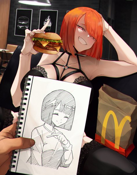 Anime picture 1967x2500 with mcdonald's yoru mac mother (yoru mac) inkspirate tall image looking at viewer highres short hair breasts light erotic smile large breasts indoors pink eyes orange hair underwear only grin solo focus convenient censoring hand on head