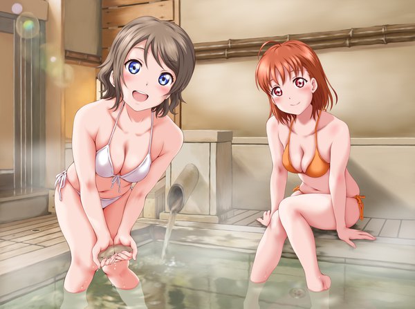 Anime picture 1700x1267 with love live! sunshine!! sunrise (studio) love live! watanabe you takami chika keisuke (0320030103200301) looking at viewer blush fringe short hair breasts open mouth blue eyes light erotic smile red eyes brown hair large breasts standing sitting