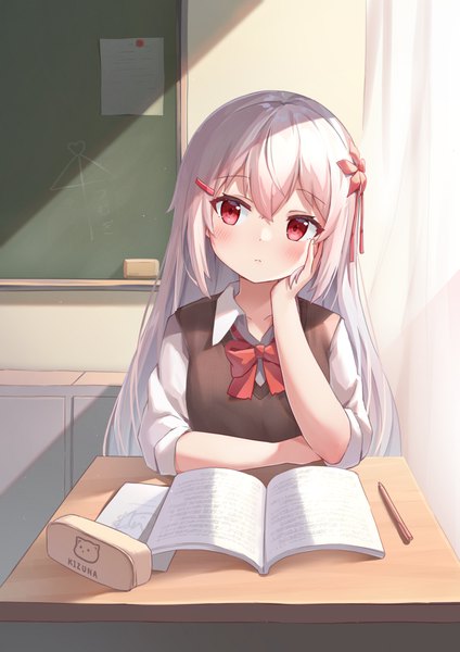 Anime picture 2682x3795 with original eleven-sora single long hair tall image blush fringe highres hair between eyes red eyes payot looking away upper body white hair indoors head tilt sunlight loli head rest classroom