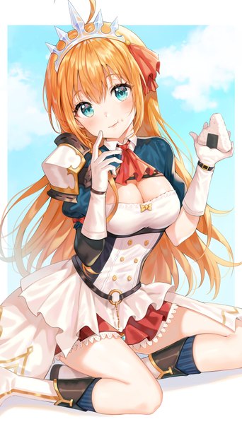 Anime picture 2055x3599 with princess connect! re:dive princess connect! pecorine (princess connect!) tokkyu single long hair tall image looking at viewer blush fringe highres breasts blue eyes simple background blonde hair hair between eyes sitting holding payot sky