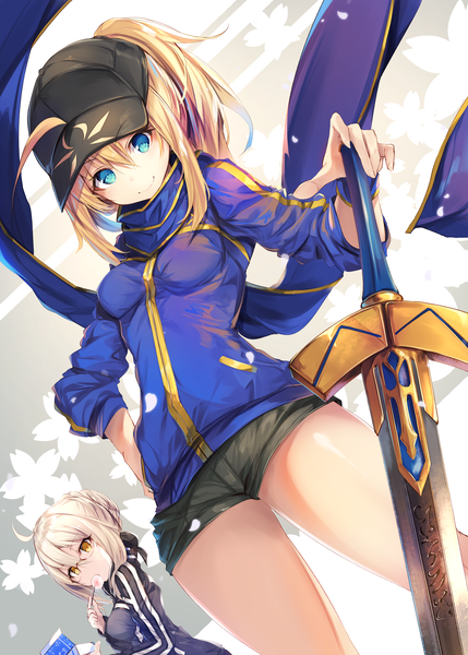 Anime picture 3331x4659 with fate (series) fate/grand order artoria pendragon (all) mysterious heroine x (alter) (fate) mysterious heroine x (fate) fal maro long hair tall image fringe highres short hair breasts blue eyes blonde hair smile hair between eyes standing multiple girls holding yellow eyes