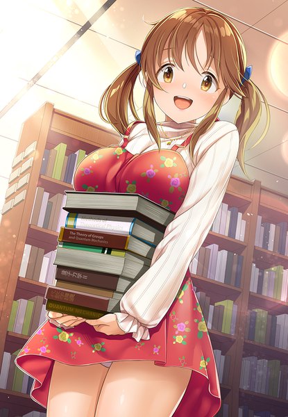 Anime picture 900x1300 with idolmaster idolmaster cinderella girls totoki airi kazu single long hair tall image looking at viewer blush fringe breasts open mouth light erotic smile hair between eyes brown hair large breasts standing twintails holding