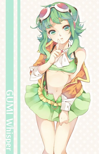 Anime picture 700x1093 with vocaloid gumi nou single tall image looking at viewer short hair bare shoulders green eyes green hair inscription character names finger to mouth girl skirt navel goggles suspenders green skirt