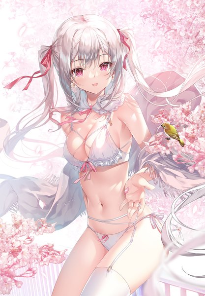 Anime picture 973x1400 with original miwabe sakura single long hair tall image looking at viewer fringe breasts open mouth light erotic smile red eyes large breasts sitting twintails payot :d wind cherry blossoms frilled bra