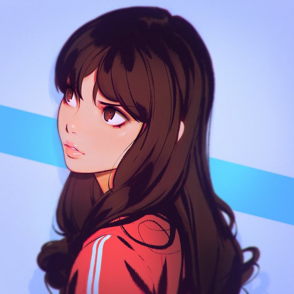 Anime picture 1080x1080 with original ilya kuvshinov single long hair fringe simple background hair between eyes brown hair brown eyes looking away upper body parted lips shadow lipstick shiny skin portrait looking up eyeshadow pink lipstick serious